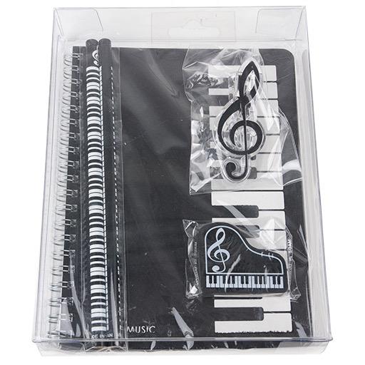 Stationery Set: Includes notebook "Black with White Keyboard", pencils, eraser, clip.